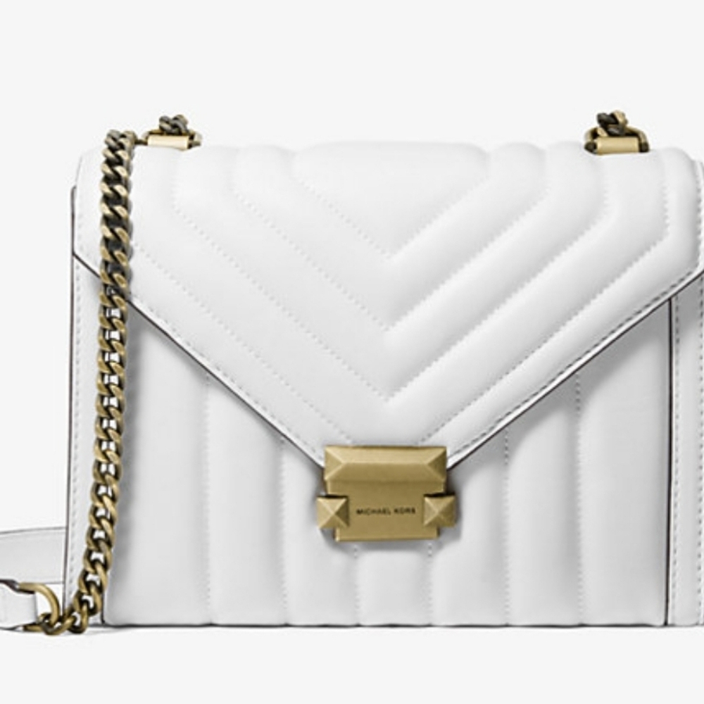 Michael Kors Whitney Medium Quilted Shoulder Bag Crossbody In White/Gold NEW - Picture 3 of 5